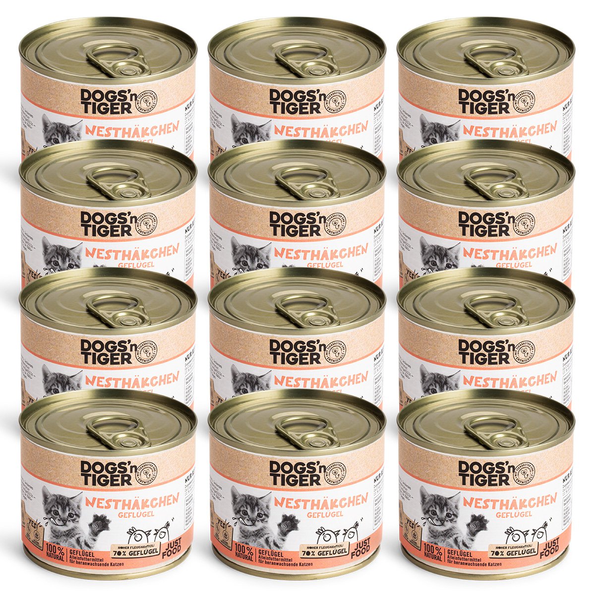 Dogs’n Tiger Junior, Kitten Premium Katzenfutter, Nassfutter, Getreidefrei, Nesthäkchen, Geflügel, Algenkalk & Löwenzahn Dogs'n Tiger