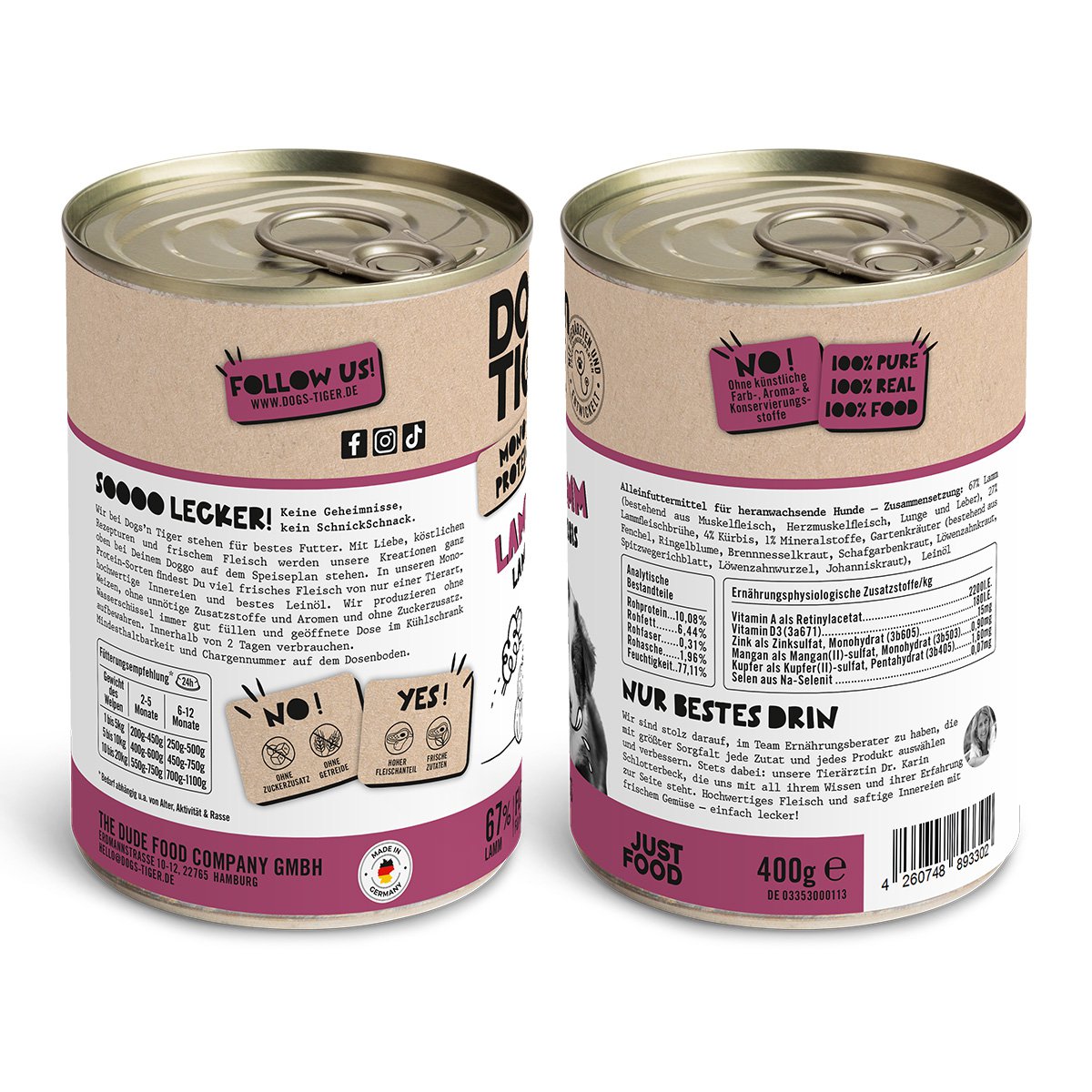 Dogs’n Tiger Junior, Hundefutter, Lammfromm, Hunde Nassfutter, Welpen Futter, Monoproteine, Lamm & Kürbis Dogs'n Tiger