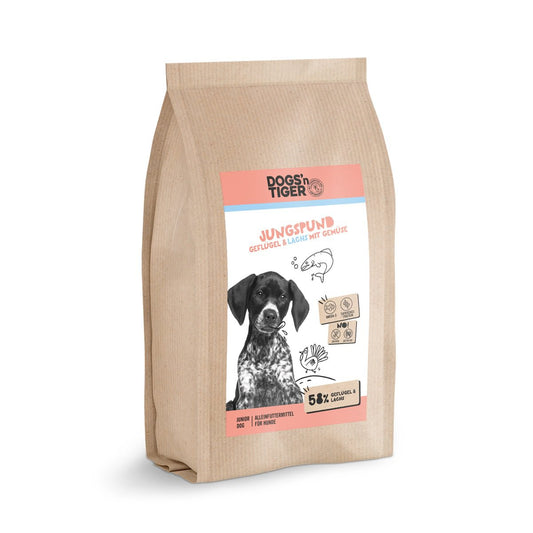 Dogs’n Tiger Junior Premium Hunde Futter, Jungspund, Welpen Trockenfutter, Getreidefrei, Lachs & Truthahn Dogs'n Tiger