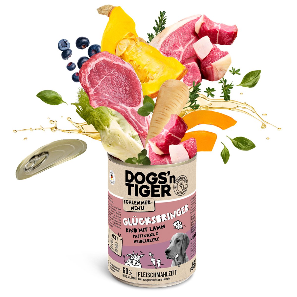 Dogs’n Tiger Adult Hundefutter, Glücksbringer, Nassfutter, Getreidefrei, Rind, Lamm, Pastinake & Heidelbeeren Dogs'n Tiger