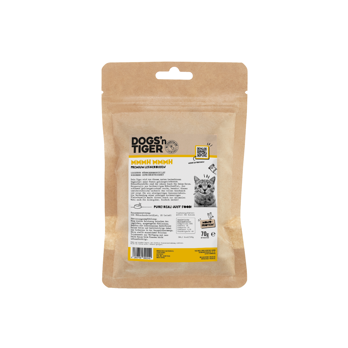 Dogs’n Tiger Adult Katzen Snacks Mmmh mmmh, Leckerlies, 99% gefriergetrocknetes Hühnchenbrustfilet Dogs'n Tiger