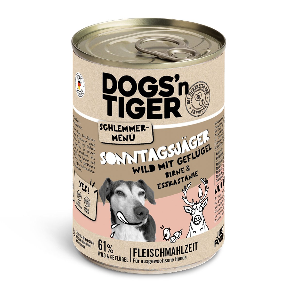 Dogs’n Tiger Adult Hundefutter, Sonntagsjäger, Hunde Nassfutter, Wild, Geflügel, Birne, Hirse & Karotte Dogs'n Tiger