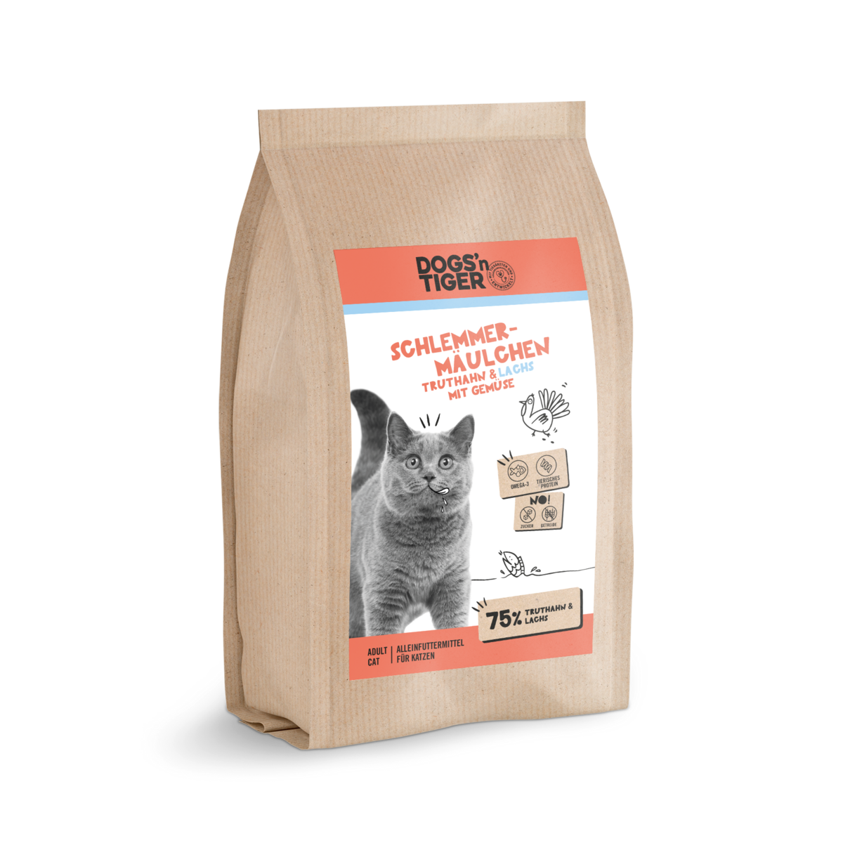 Dogs’n Tiger Adult Premium Katzenfutter, Trockenfutter, Getreidefrei, Schlemmermäulchen, Truthahn & Lachs Dogs'n Tiger