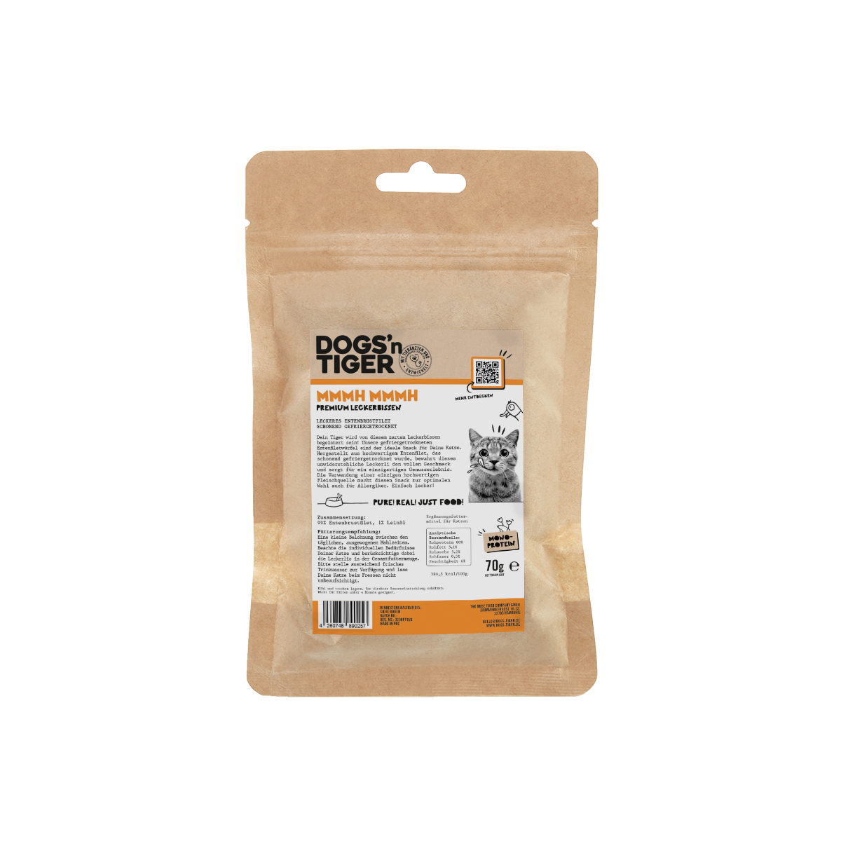 Dogs’n Tiger Adult Katzen Snacks Mmmh mmmh, Leckerlies, 99% gefriergetrocknetes Entenbrustfilet Dogs'n Tiger