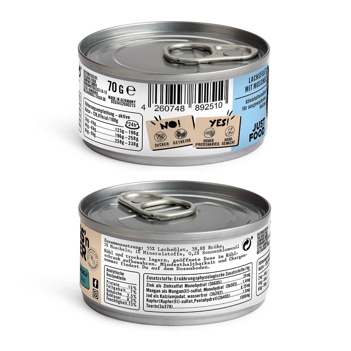 Dogs’n Tiger Adult, Premium Katzenfutter, Wonne, Nassfutter, Getreidefrei, Lachs & Muscheln Dogs'n Tiger