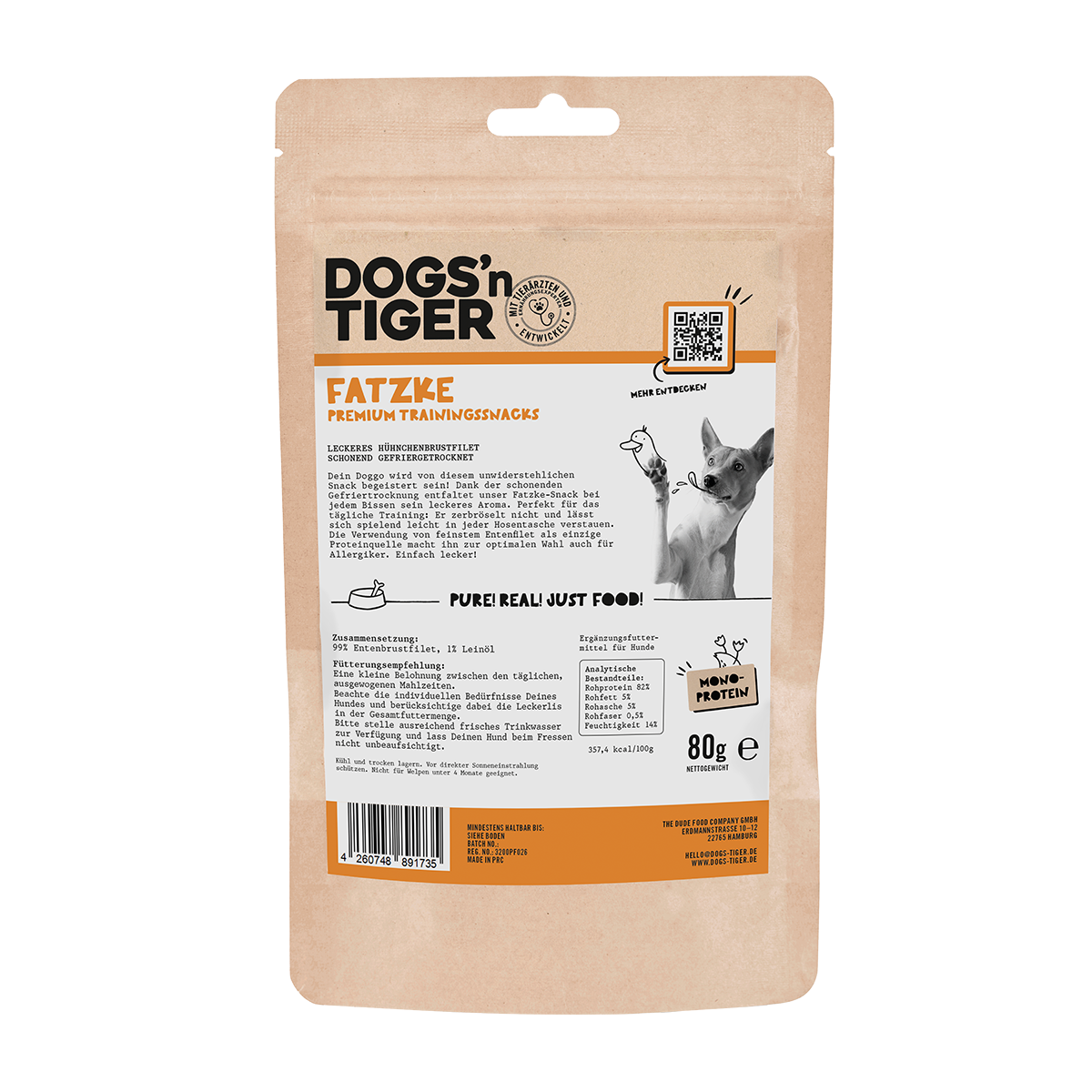 Dogs’n Tiger Adult, Hunde Snacks, Fatzke, Leckerlies, 99% gefriergetrocknetes Entenbrustfilet Dogs'n Tiger