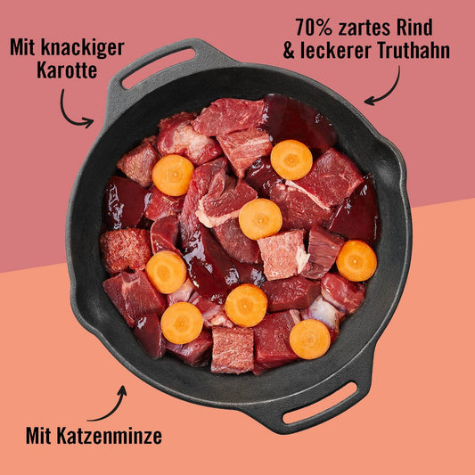 Dogs’n Tiger Adult Katzenfutter, Firlefanz, Nassfutter für Katzen, Getreidefrei, Rind mit Truthahn & Karotte Dogs'n Tiger
