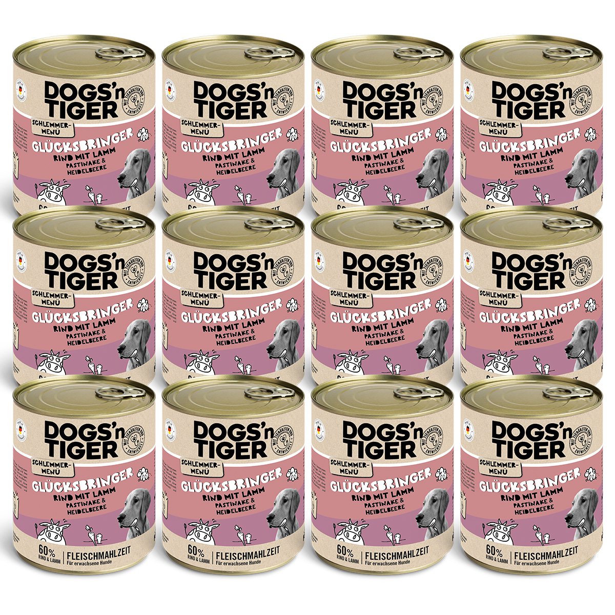 Dogs’n Tiger Adult Hundefutter, Glücksbringer, Nassfutter, Getreidefrei, Rind, Lamm, Pastinake & Heidelbeeren Dogs'n Tiger