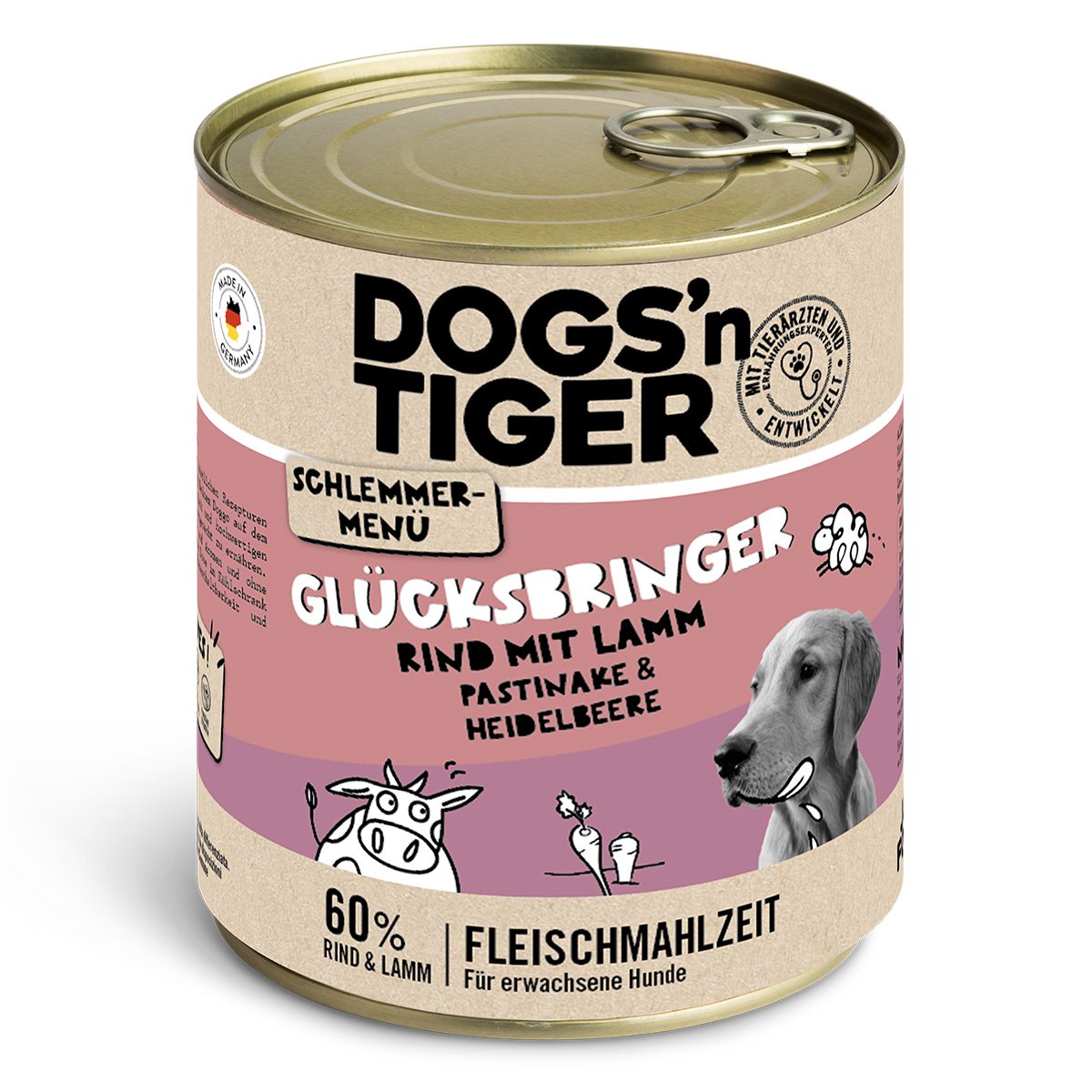 Dogs’n Tiger Adult Hundefutter, Glücksbringer, Nassfutter, Getreidefrei, Rind, Lamm, Pastinake & Heidelbeeren Dogs'n Tiger