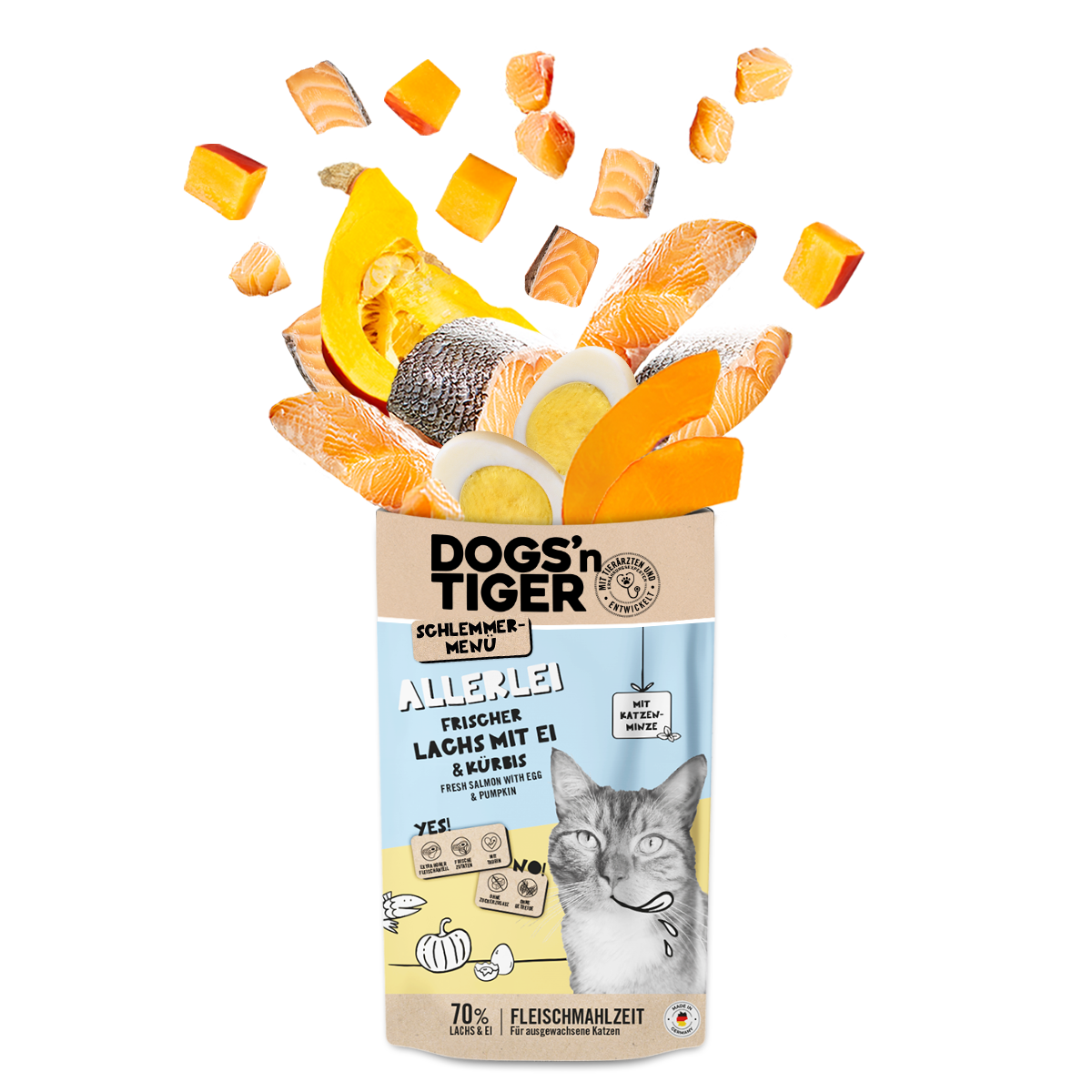 Dogs’n Tiger Adult Katzenfutter, Allerlei, Nassfutter für Katzen, Getreidefrei, Lachs mit Ei & Kürbis Dogs'n Tiger