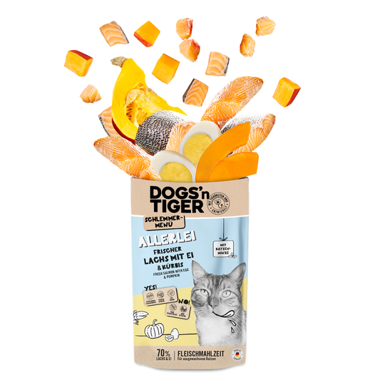 Dogs’n Tiger Adult Katzenfutter, Allerlei, Nassfutter für Katzen, Getreidefrei, Lachs mit Ei & Kürbis Dogs'n Tiger
