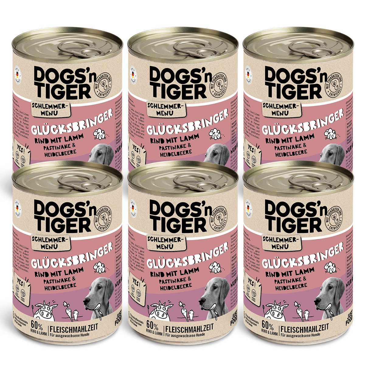 Dogs’n Tiger Adult Hundefutter, Glücksbringer, Nassfutter, Getreidefrei, Rind, Lamm, Pastinake & Heidelbeeren Dogs'n Tiger
