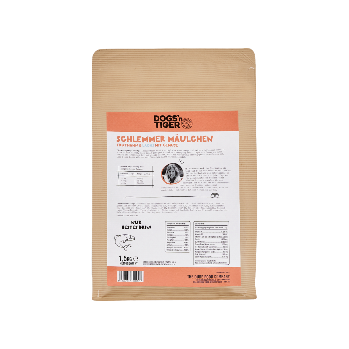 Dogs’n Tiger Adult Premium Katzenfutter – Trockenfutter Schlemmermäulchen, getreidefrei, mit Truthahn & Lachs, 75 % Fleischanteil Dogs'n Tiger