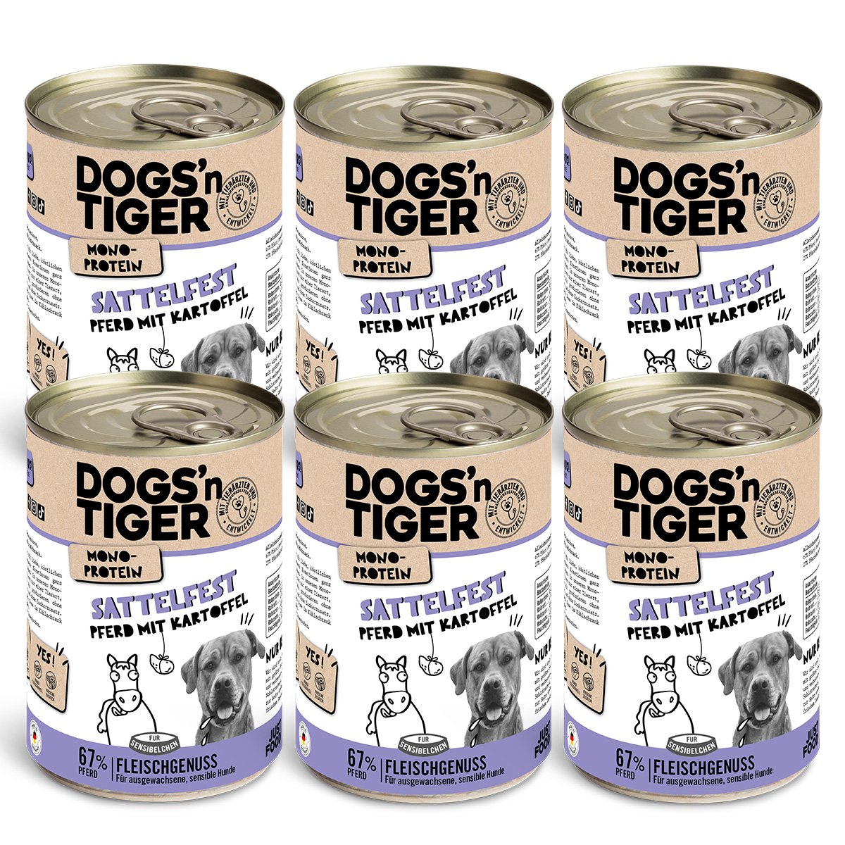 Dogs’n Tiger Adult Hundefutter, Nassfutter, Sattelfest, Getreidefrei, hypoallergen, Monoprotein, Pferd & Kartoffel Dogs'n Tiger