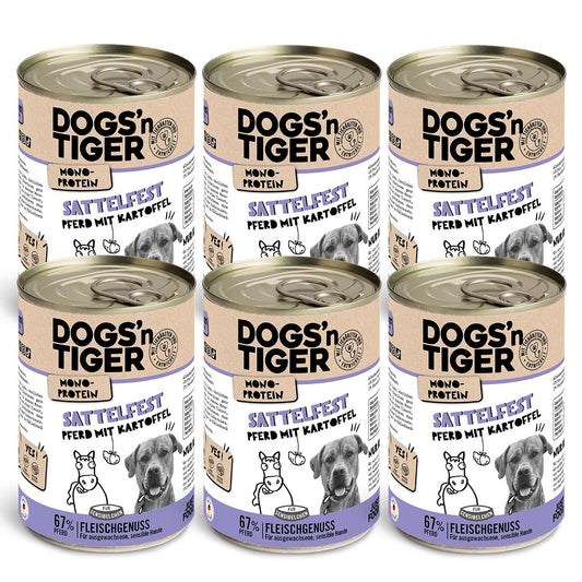 Dogs’n Tiger Adult Hundefutter, Nassfutter, Sattelfest, Getreidefrei, hypoallergen, Monoprotein, Pferd & Kartoffel Dogs'n Tiger