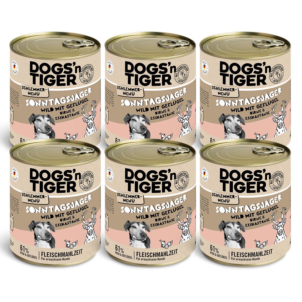 Dogs’n Tiger Adult Hundefutter, Sonntagsjäger, Hunde Nassfutter, Wild, Geflügel, Birne, Hirse & Karotte Dogs'n Tiger