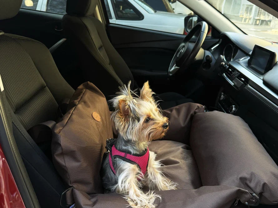 BUGGY Autositz für Hunde aus Kunstfell und Möbelvelour für Miniatur- und kleine Hunde / Hundetransporttasche / Wasserdicht / Premium HARLEY & CHO