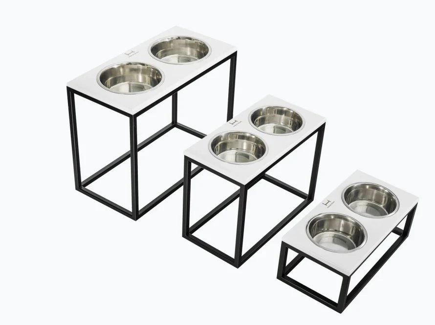 DINNER Hundenapf / Holz Napfständer mit zwei Edelstahlnäpfen für große und riesige Hunde / schwarzer Metallrahmen HARLEY & CHO