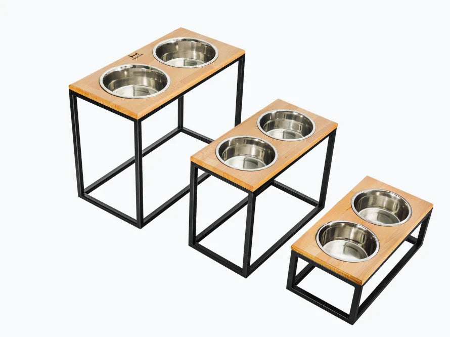 DINNER Hundenapf / Holz Napfständer mit zwei Edelstahlnäpfen für große und riesige Hunde / schwarzer Metallrahmen HARLEY & CHO