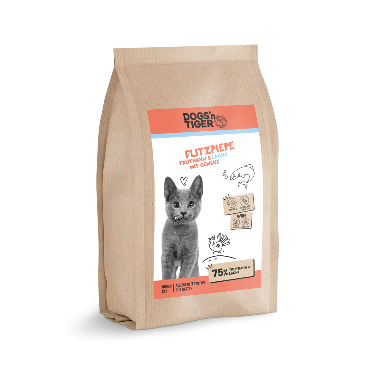 Dogs’n Tiger Junior Premium Katzenfutter, Flitzpiepe, Kitten Trockenfutter, Getreidefrei, Lachs & Truthahn Dogs'n Tiger