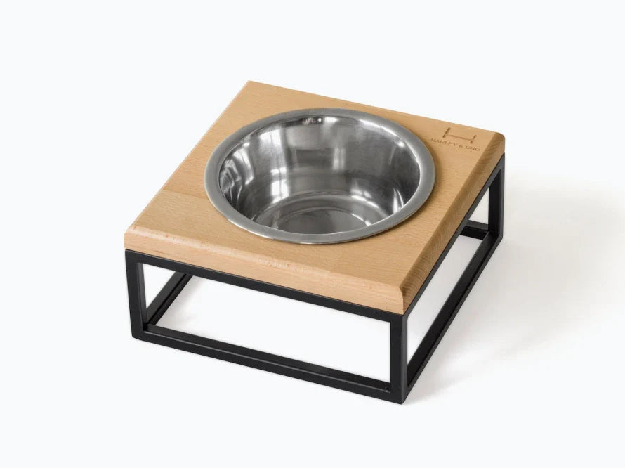 LUNCH BAR Katzennapf / Holz Napfständer mit einzelnem Edelstahlnapf für Katzen / schwarzer Metallrahmen HARLEY & CHO