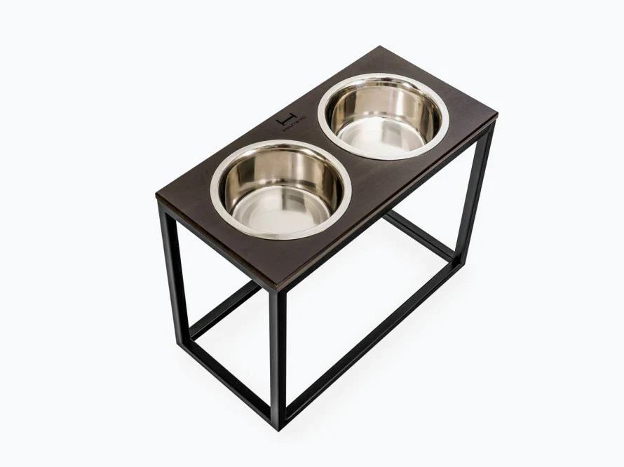 DINNER Hundenapf / Holz Napfständer mit zwei Edelstahlnäpfen für große und riesige Hunde / schwarzer Metallrahmen HARLEY & CHO