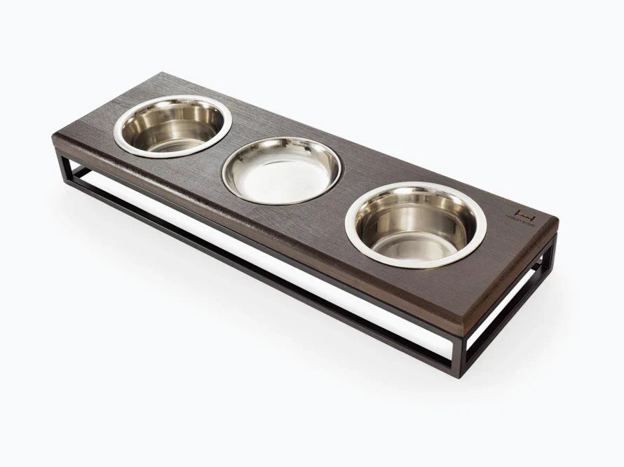 LUNCH BAR Katzennapf / Holz Napfständer mit drei Edelstahlnäpfen für Katzen / schwarzer Metallrahmen HARLEY & CHO