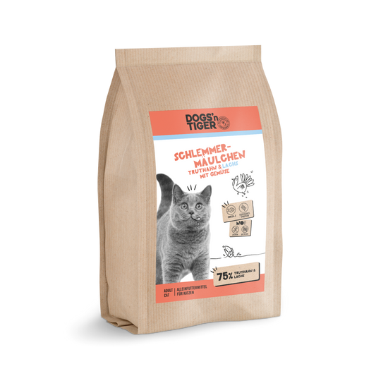 Dogs’n Tiger Adult Premium Katzenfutter, Trockenfutter, Getreidefrei, Schlemmermäulchen, Truthahn & Lachs Dogs'n Tiger