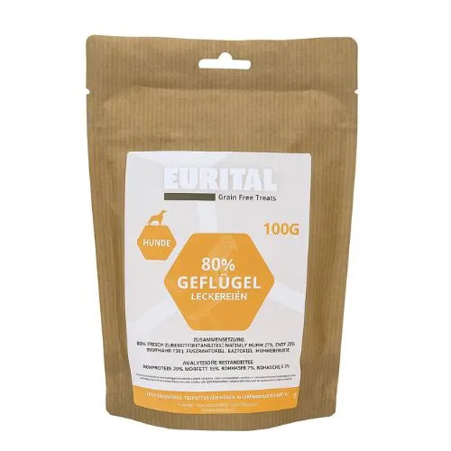 Eurital Dog Snacks 100g – 80% Geflügel Hundeleckerlis getreidefrei für Training & Belohnung Eurital
