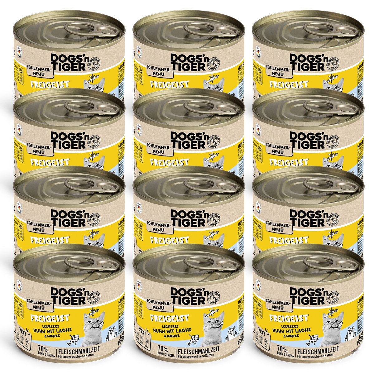Dogs’n Tiger Adult, Katzenfutter, Freigeist, Katzen Nassfutter, Getreidefrei, Huhn, Lachs & Karotte Dogs'n Tiger