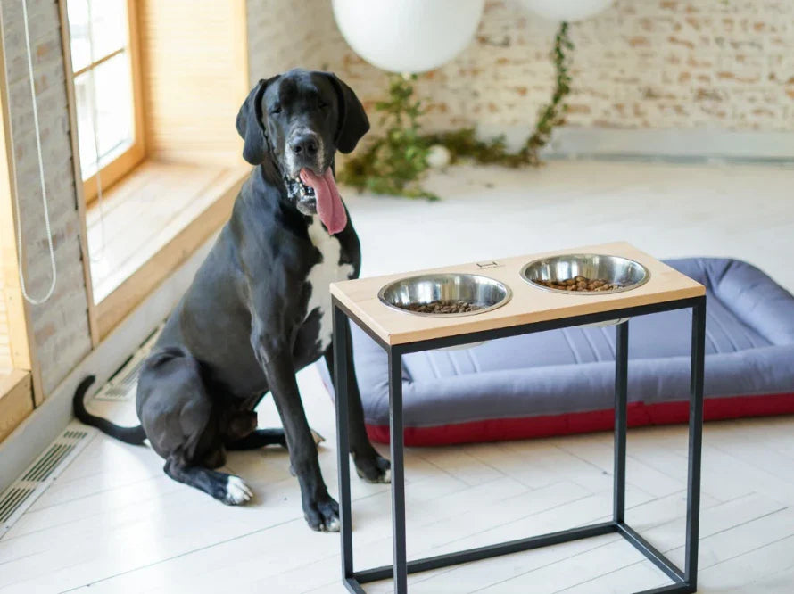 DINNER Hundenapf / Holz Napfständer mit zwei Edelstahlnäpfen für große und riesige Hunde / schwarzer Metallrahmen HARLEY & CHO