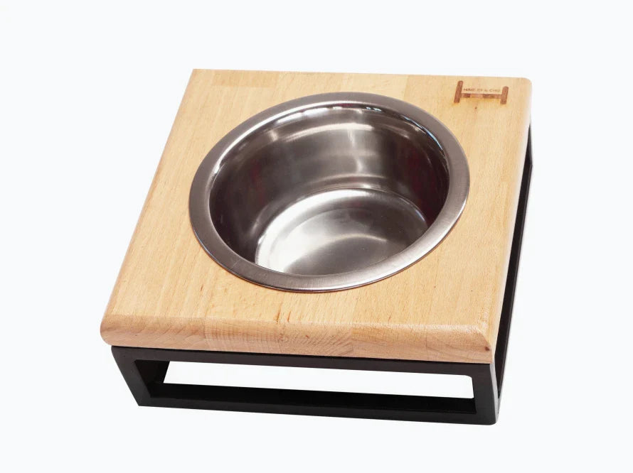 LUNCH BAR Katzennapf / Holz Napfständer mit einzelnem Edelstahlnapf für Katzen / schwarzer Metallrahmen HARLEY & CHO