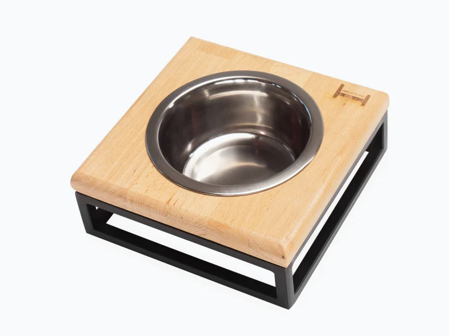LUNCH BAR Katzennapf / Holz Napfständer mit einzelnem Edelstahlnapf für Katzen / schwarzer Metallrahmen HARLEY & CHO