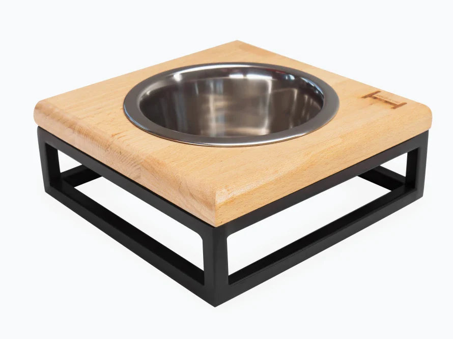 LUNCH BAR Katzennapf / Holz Napfständer mit einzelnem Edelstahlnapf für Katzen / schwarzer Metallrahmen HARLEY & CHO