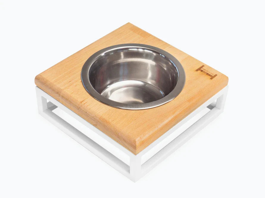 LUNCH BAR Katzennapf / Holz Napfständer mit einzelnem Edelstahlnapf für Katzen / weißer Metallrahmen HARLEY & CHO