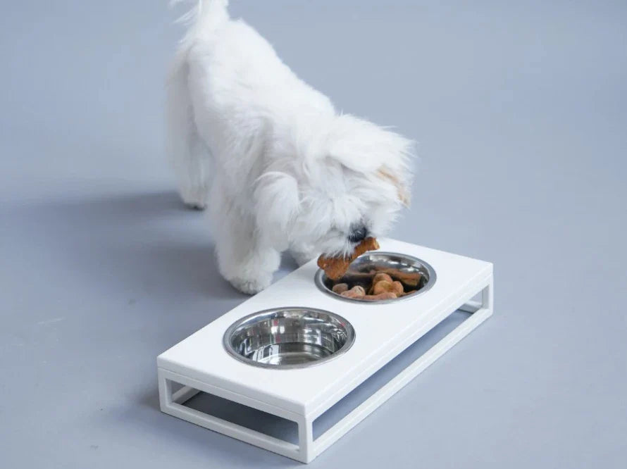 LUNCH BAR Hundenapf / Holz Napfständer mit zwei Edelstahlnäpfen für kleine Hunde / weißer Metallrahmen HARLEY & CHO