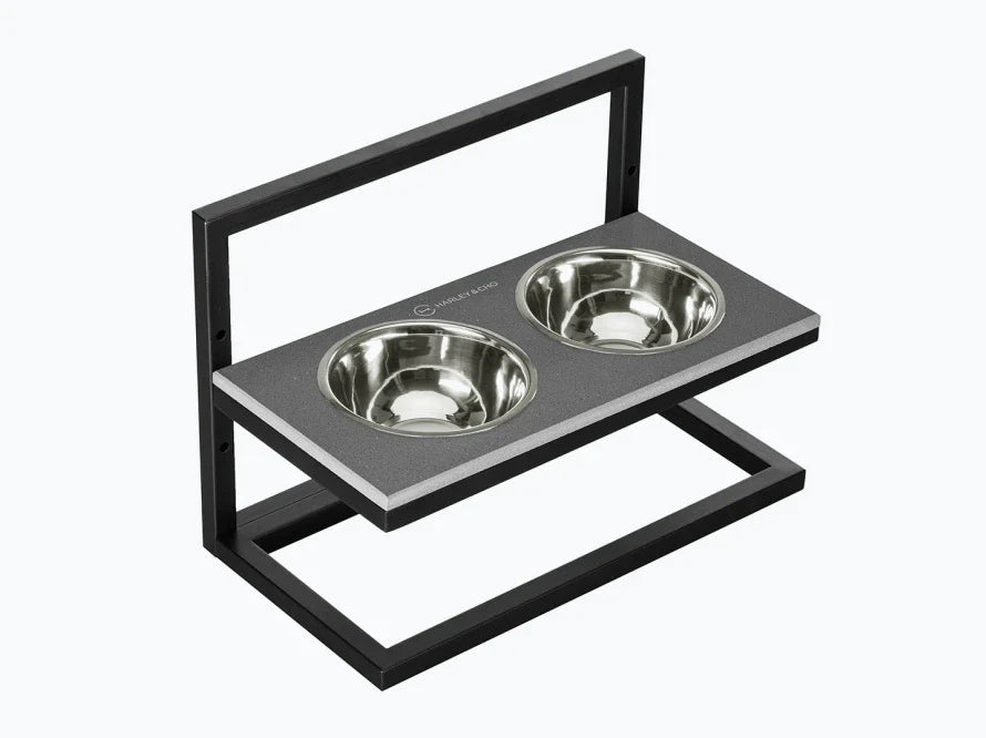 Höhenverstellbaren Hundenapf LIFT / Kunststein Napfständer mit zwei Edelstahlnäpfen für Hunde / schwarzer Metallrahmen HARLEY & CHO