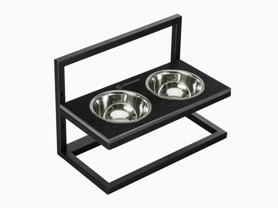 Höhenverstellbaren Hundenapf LIFT / Kunststein Napfständer mit zwei Edelstahlnäpfen für Hunde / schwarzer Metallrahmen HARLEY & CHO