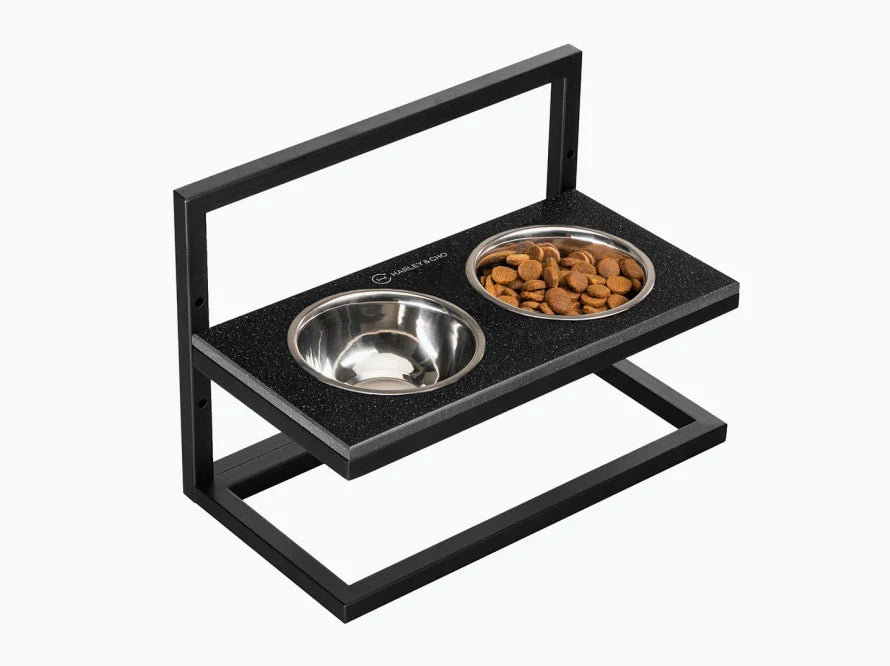 Höhenverstellbaren Hundenapf LIFT / Kunststein Napfständer mit zwei Edelstahlnäpfen für Hunde / schwarzer Metallrahmen HARLEY & CHO