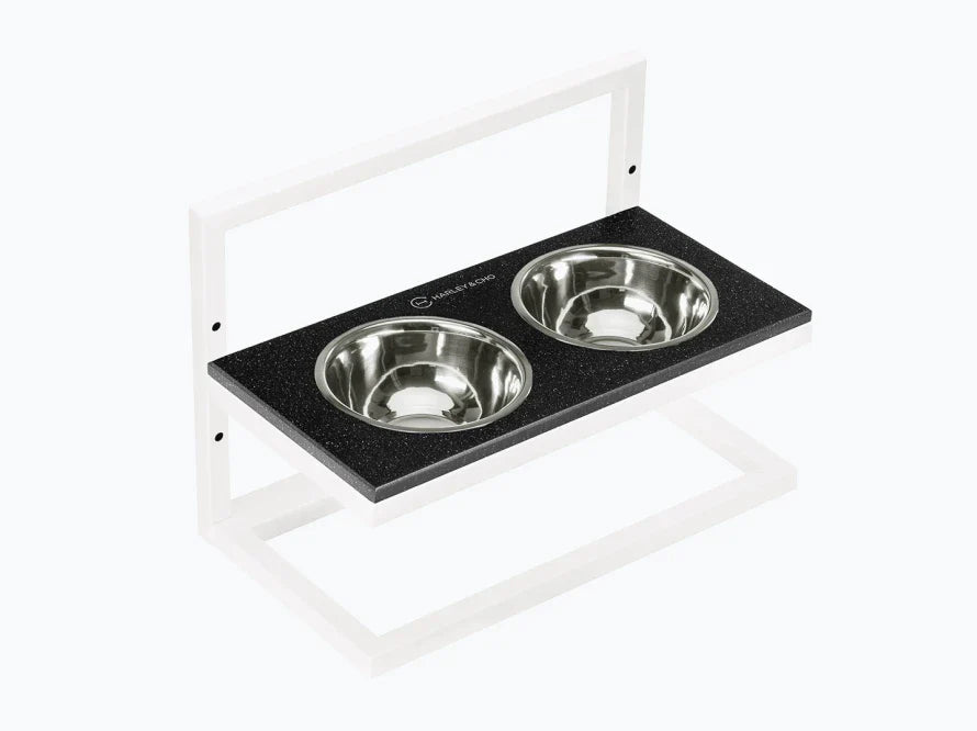 Höhenverstellbaren Hundenapf LIFT / Kunststein Napfständer mit zwei Edelstahlnäpfen für Hunde / weißer Metallrahmen HARLEY & CHO