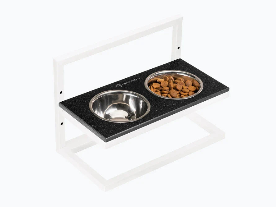 Höhenverstellbaren Hundenapf LIFT / Kunststein Napfständer mit zwei Edelstahlnäpfen für Hunde / weißer Metallrahmen HARLEY & CHO