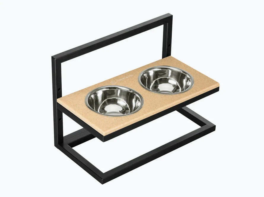 Höhenverstellbaren Hundenapf LIFT / Kunststein Napfständer mit zwei Edelstahlnäpfen für Hunde / schwarzer Metallrahmen HARLEY & CHO