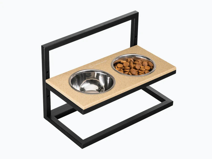 Höhenverstellbaren Hundenapf LIFT / Kunststein Napfständer mit zwei Edelstahlnäpfen für Hunde / schwarzer Metallrahmen HARLEY & CHO