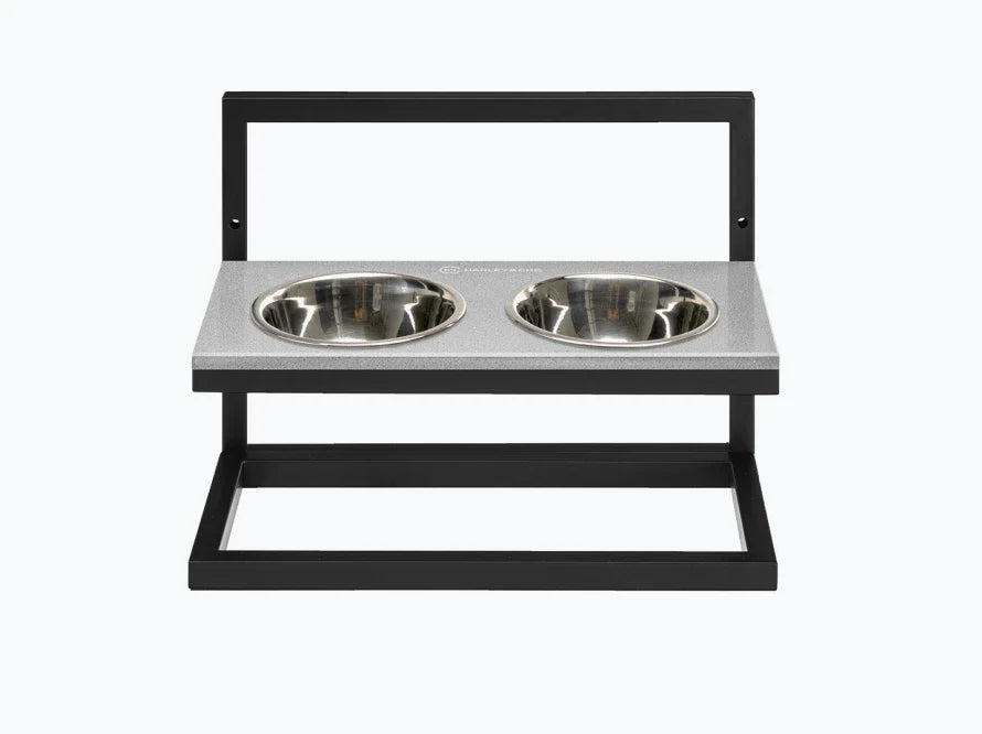 Höhenverstellbaren Hundenapf LIFT / Kunststein Napfständer mit zwei Edelstahlnäpfen für Hunde / schwarzer Metallrahmen HARLEY & CHO