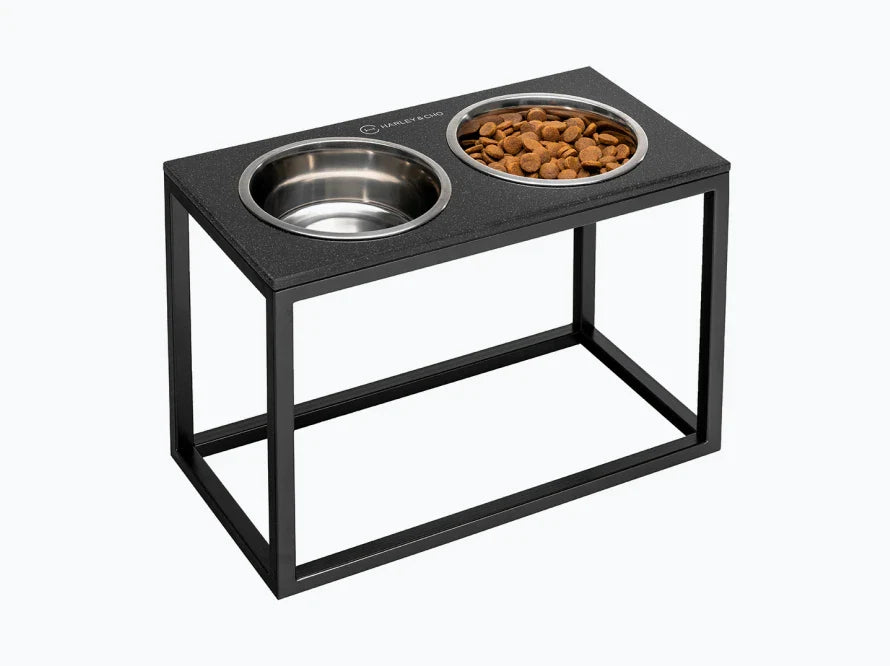 DINNER Hundenapf / Kunststein Napfständer mit zwei Edelstahlnäpfen für große und riesige Hunde / schwarzer Metallrahmen HARLEY & CHO