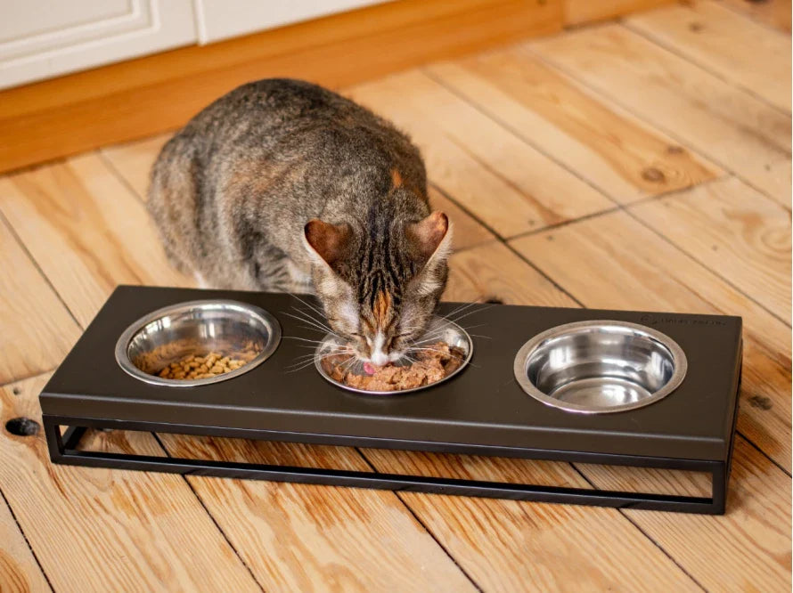 LUNCH BAR Katzennapf / Holz Napfständer mit drei Edelstahlnäpfen für Katzen / schwarzer Metallrahmen HARLEY & CHO