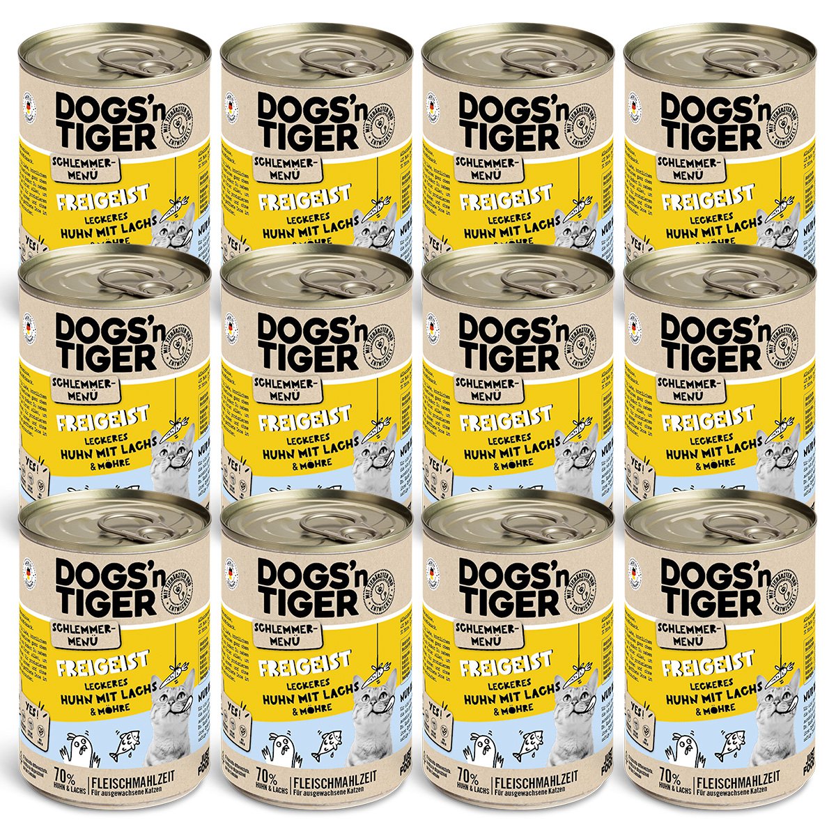 Dogs’n Tiger Adult, Katzenfutter, Freigeist, Katzen Nassfutter, Getreidefrei, Huhn, Lachs & Karotte Dogs'n Tiger