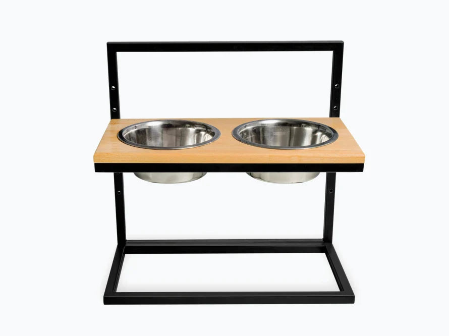 Höhenverstellbaren Hundenapf LIFT / Holz Napfständer mit zwei Edelstahlnäpfen für Hunde / schwarzer Metallrahmen HARLEY & CHO