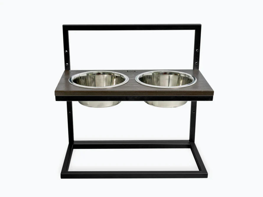 Höhenverstellbaren Hundenapf LIFT / Holz Napfständer mit zwei Edelstahlnäpfen für Hunde / schwarzer Metallrahmen HARLEY & CHO