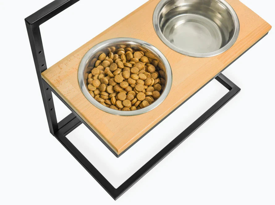 Höhenverstellbaren Hundenapf LIFT / Holz Napfständer mit zwei Edelstahlnäpfen für Hunde / schwarzer Metallrahmen HARLEY & CHO